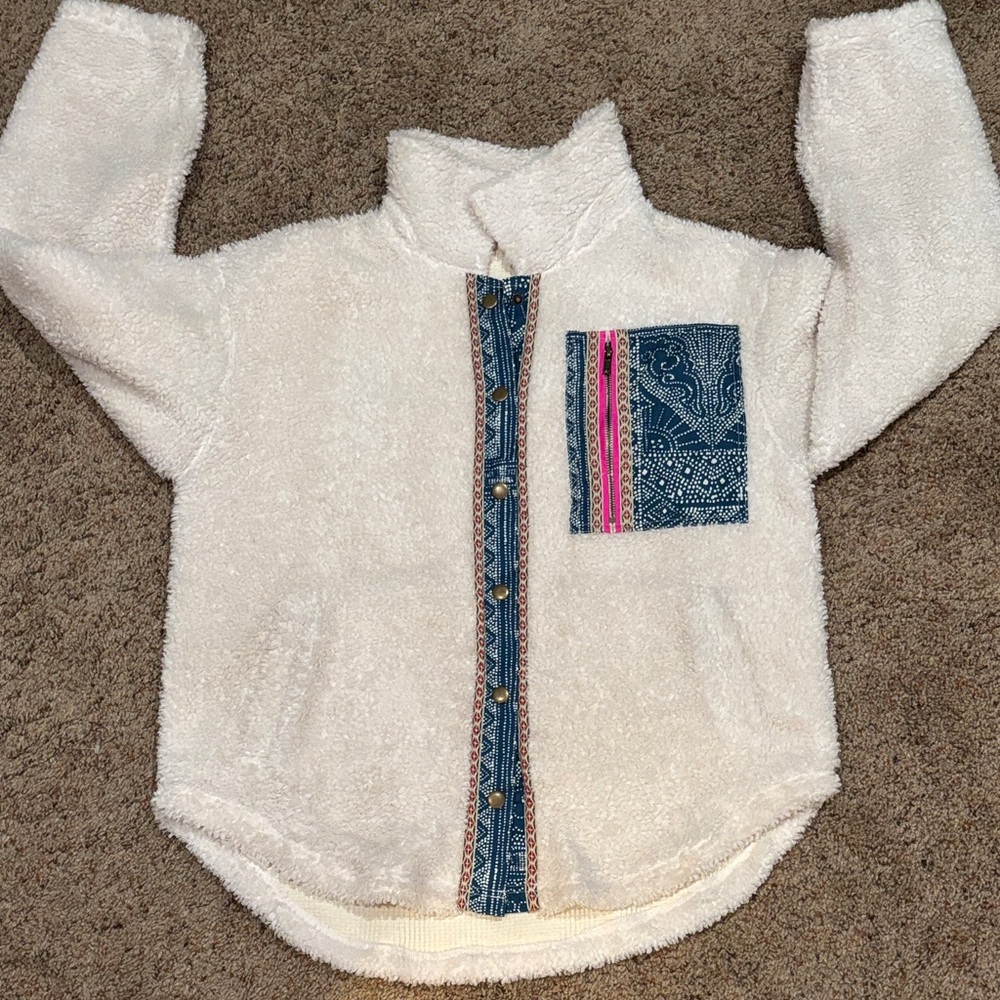 We The Free Cream Teddy Jacket with Blue and Pink Details